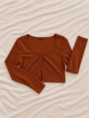 SHEIN Rust Brown Scoop Neck Cropped Button Cardigan